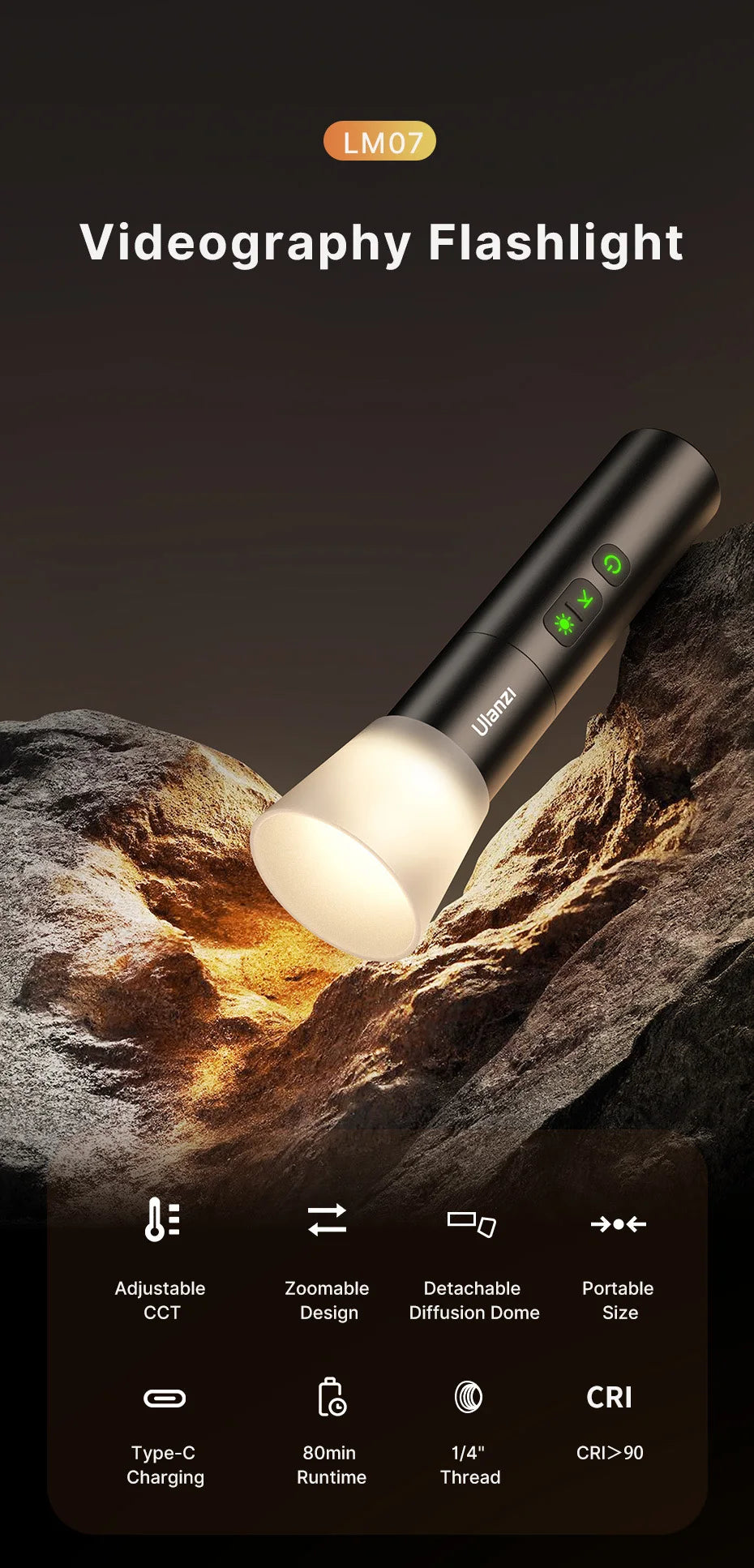Ulanzi LM07 Videography Flashlight Zoomable Photography Fill Light Ambience Light with 1/4'' Thread for Camera Stand Cage