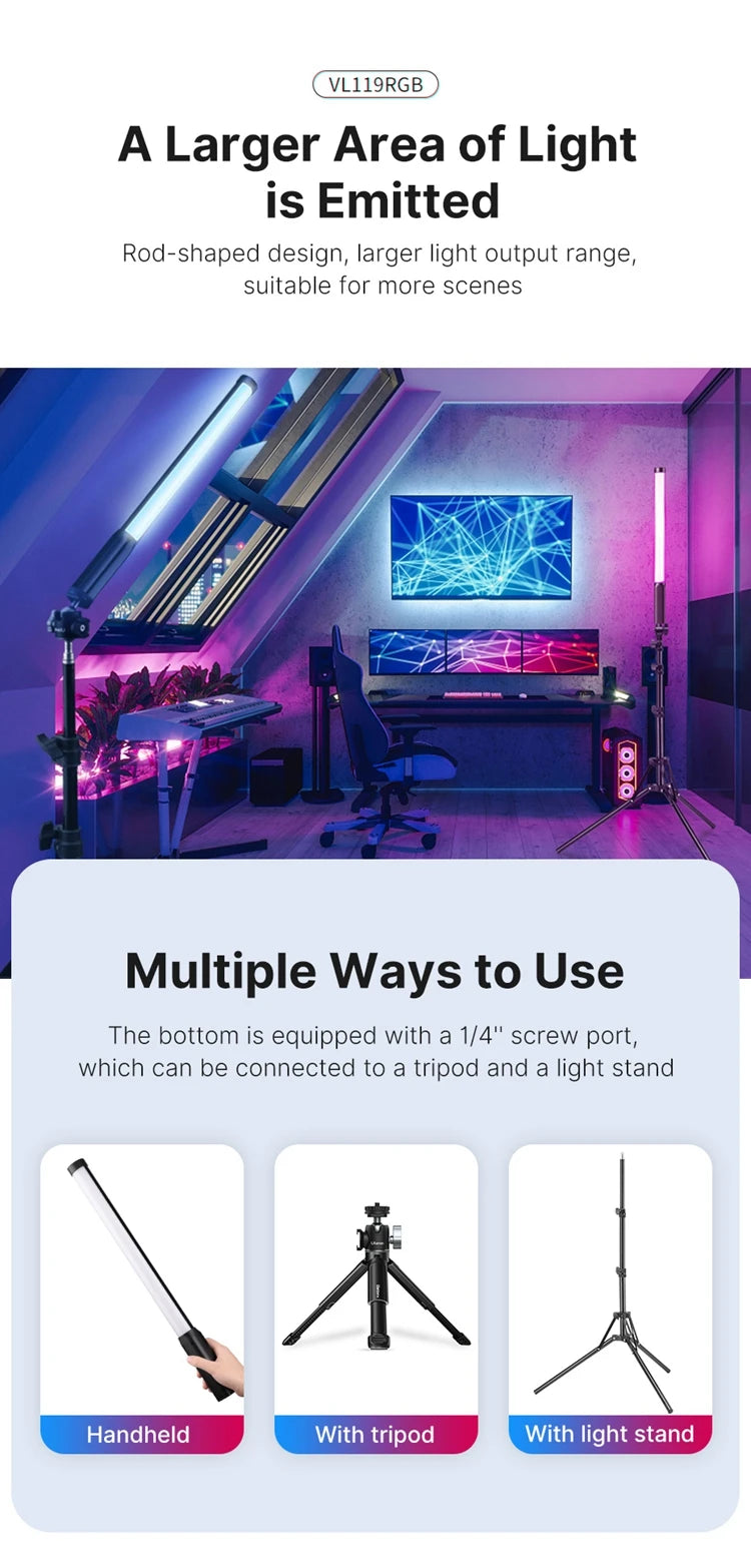 Ulanzi VL119 Colorful Led Stick Light Lamp Handheld RGB Tube Light Wand For Studio Game Room Video Movie Vlog Tiktok Photography